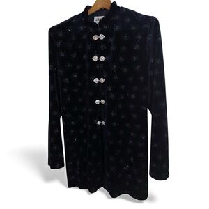 J.B.S. LTD. 90s Navy Blue Velvet Sparkle Jacket Mandarin Collar Ornate Buttons L